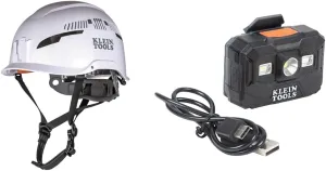 Klein Tools 60565 Safety Helmet, Type-2 Safety Helmet, Vented, Class C, White & 56062 Rechargeable LED Headlamp/Worklight for Klein Hardhats, 300 Lumens