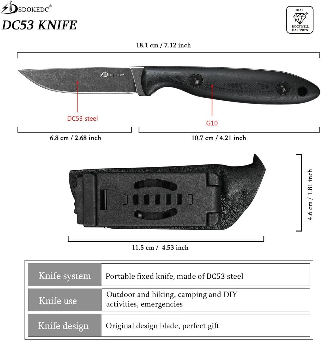 Knives DC53 Steel Tactical Fixed Blade Knife with kydex sheath for Men EDC Outdoor Camping Survival Hunting (Black G10 handle)