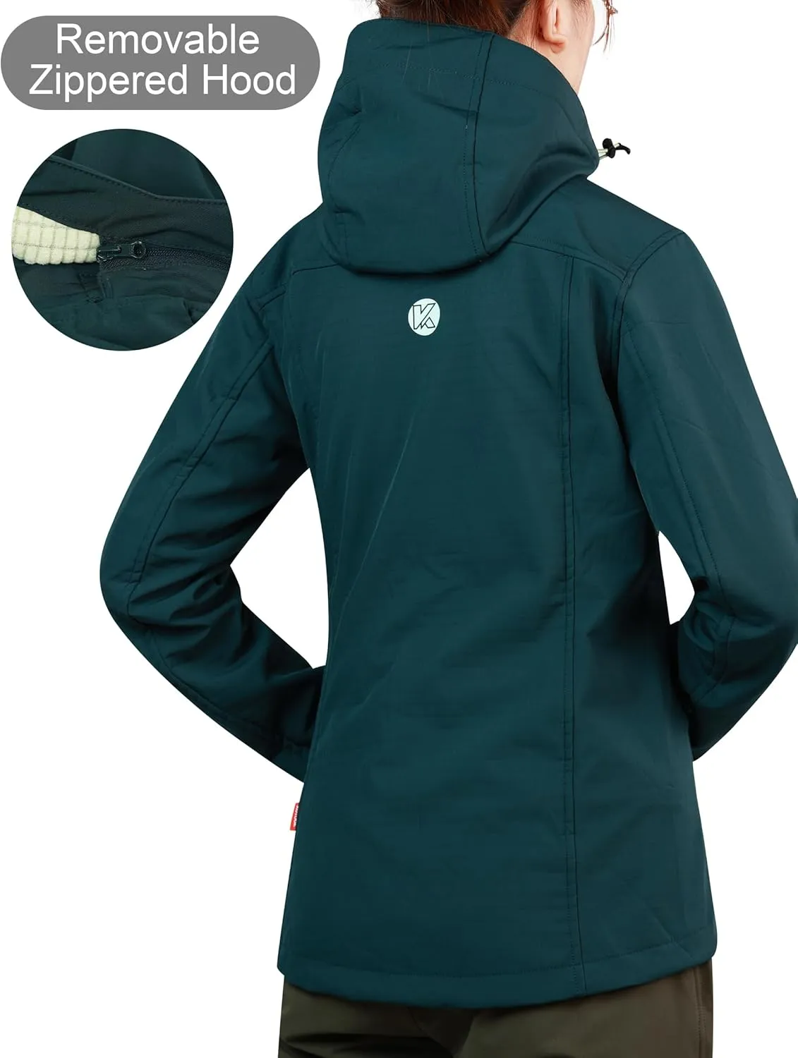 KUTOOK Women's Lightweight Softshell Jacket Fleece Lined Removable Hood with Zipper Pockets for Hiking Running Travel