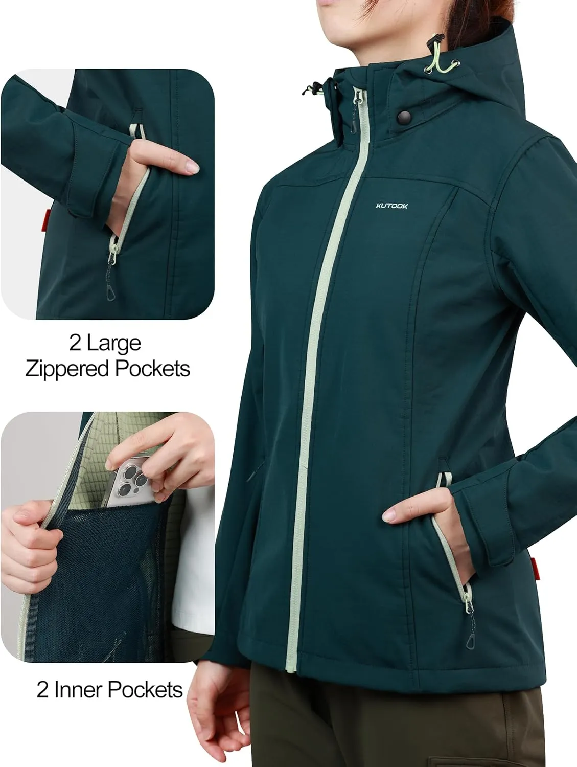 KUTOOK Women's Lightweight Softshell Jacket Fleece Lined Removable Hood with Zipper Pockets for Hiking Running Travel