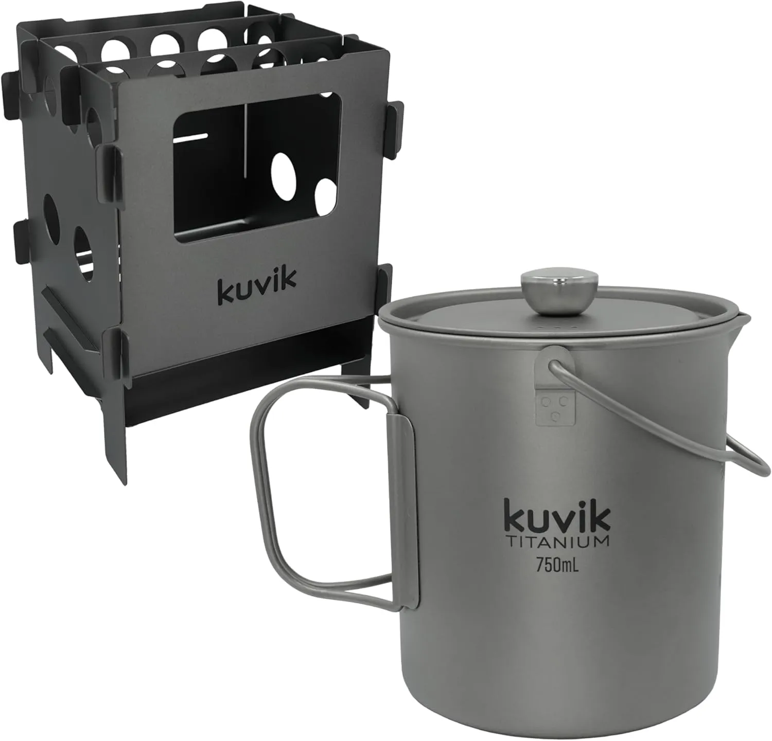 Kuvik Titanium Compact Wood Stove & 750ml (25.4 oz) Titanium French Press Bundle