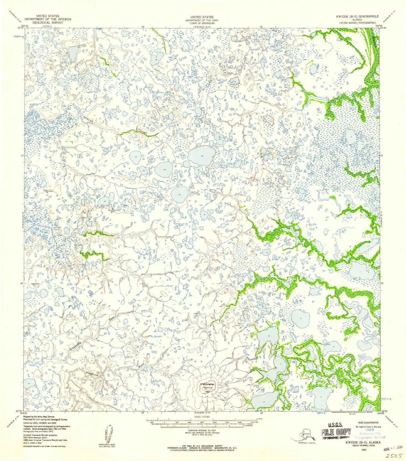 Kwiguk B 5 AK topo map, 1:63360 Scale, 15 X 15 Minute, Historical, 1952, Updated 1959, 20.8 x 18.4 in