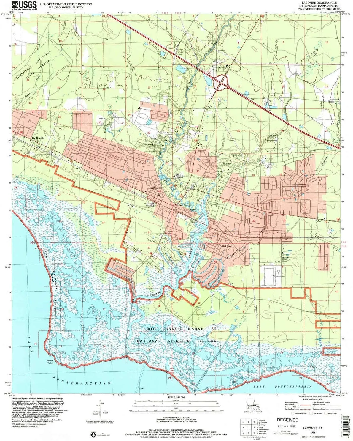 Lacombe LA topo map, 1:24000 Scale, 7.5 X 7.5 Minute, Historical, 1998, Updated 2001, 26.7 x 21.6 in