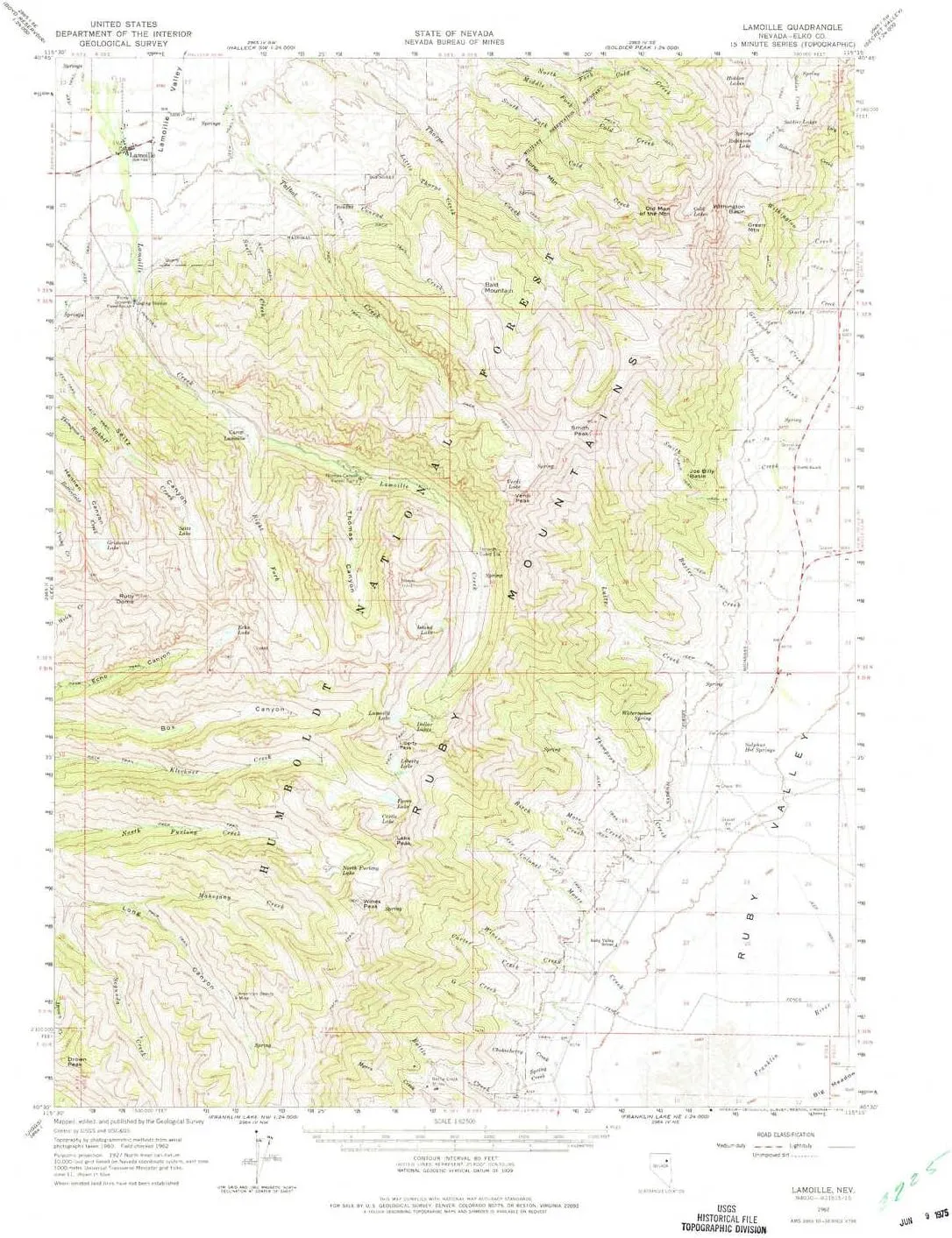 Lamoille NV topo map, 1:62500 Scale, 15 X 15 Minute, Historical, 1962, Updated 1975, 21.9 x 18 in