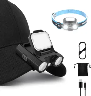 LED Hat Clip Light 400 Lumen Rechargeable Clip on Cap Lights with Motion Sensor, 180° Adjustable Hands Free Hat Flashlight Headlamp for Camping, Fishing, Hiking