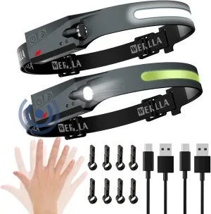 LED Headlamp, 2 Pack Rechargeable Headlamps, 1200 Lumen Wide Beam, 230° Lllumination with Motion Sensor&Spotlight, 2.4oz Lightweight Head Lamp for Camping Running Cycling Hiking(with Clips)