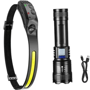 Led Headlamp and Led Flashlight, Ultra-Light Bright LED Rechargeable, Motion Scensor, Camping, Outdoor Tactical, High Lumens, All Around General Use
