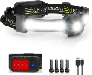 LED Headlamp Flashlight,Super Bright Headlamp Rechargeable with Red Taillight,230° Illumination,IPX6 Waterproof,10 Modes Lightweight Head Lamp,head flashlight,for Running,Hiking,Fishing,Outdoor
