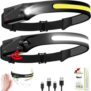 Led Headlamp Rechargeable, Headlight Headband Light Lumen with Red Motion Sensor Battery Powered, 230° Wide Beam Super Bright Head Lights for Forehead (2PCS)