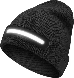 LED Lighted Beanie with Light, Unisex Warm Knitted Black Winter Hat, USB Rechargeable Headlamp Cap for Outdoors, Tech Gift for Men Dad Father Him