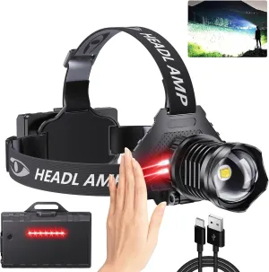 LED Rechargeable Headlamp, High Lumens Super Bright with 5 Modes & IPX7 Level Waterproof USB Rechargeable Zoom Headlamp, 90° Adjustable for Outdoor Camping, Running, Cycling, Climbing