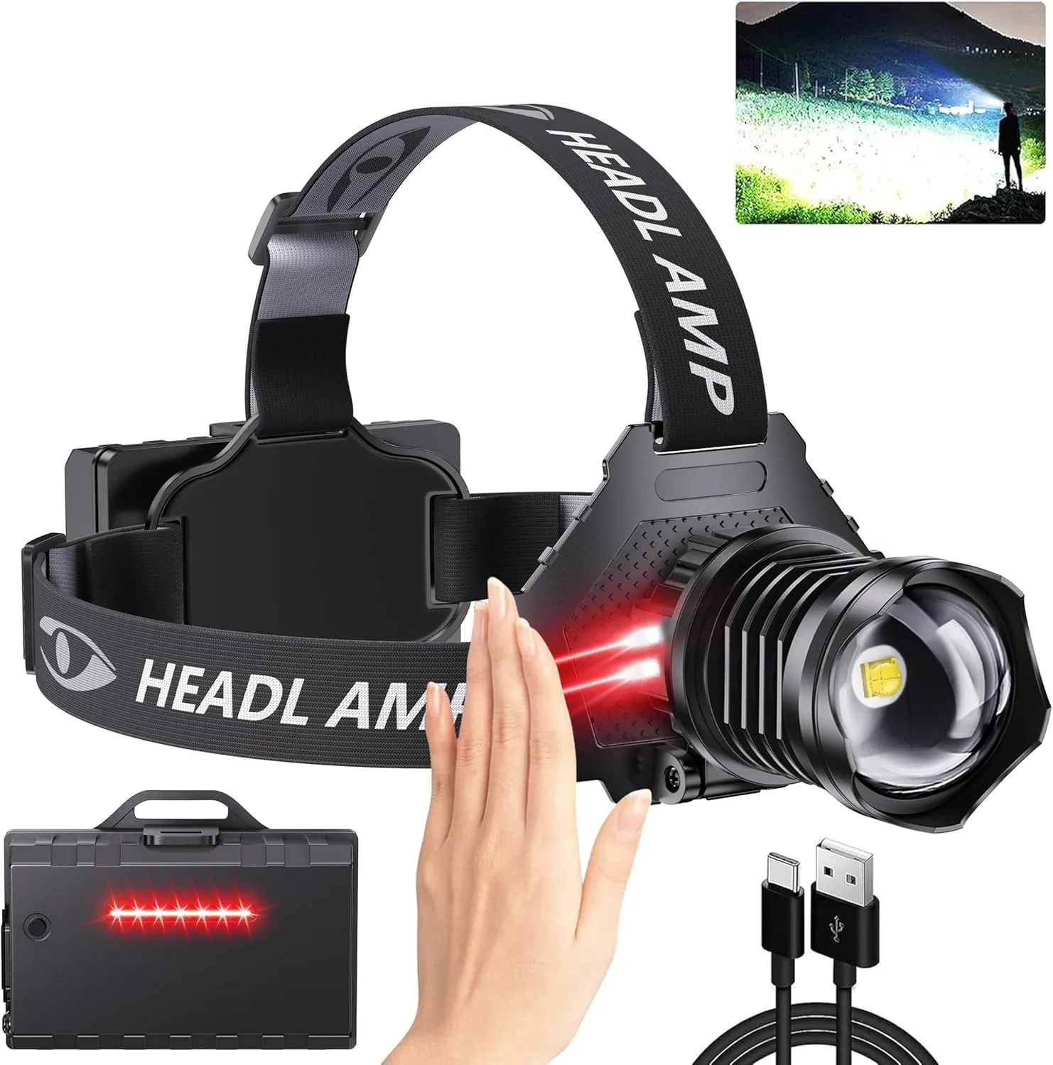 LED Rechargeable Headlamp, High Lumens Super Bright with 5 Modes & IPX7 Level Waterproof USB Rechargeable Zoom Headlamp, 90° Adjustable for Outdoor Camping, Running, Cycling, Climbing