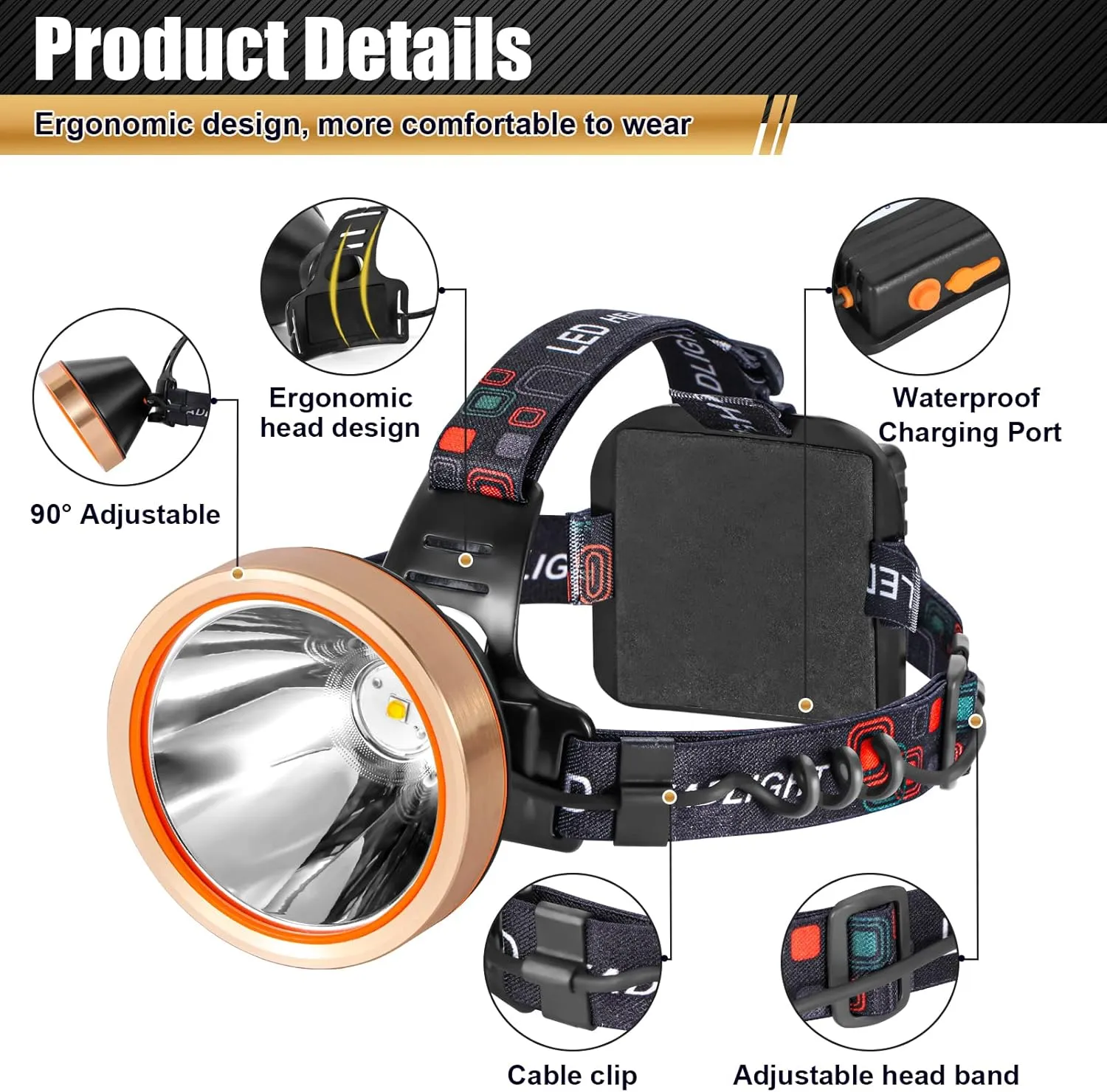LED Rechargeable Headlamp Spotlight Headlight Waterproof Head Flashlight Coon Hunting Lights Fishing Lamp Searchlight for Outdoor,Camping,Hunting,Dog Walking (Yellow Light)