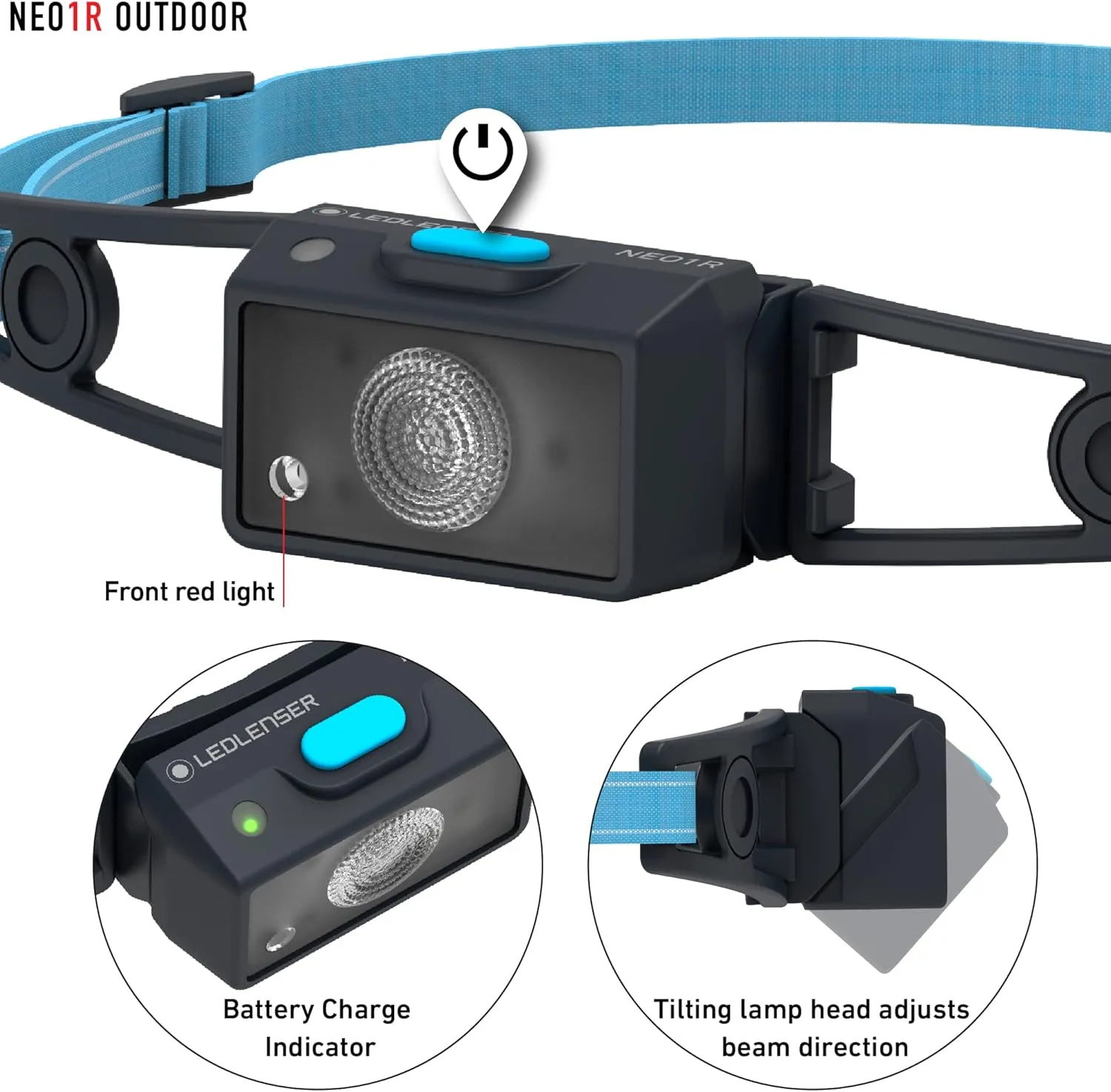 Ledlenser NEO1R LED headlamp for Jogging, Running lamp, Running, 250 lumens, Compact, Ultra-Light 39g, Near and far, Rechargeable, Reflective Headband, red Front Light (Blue)