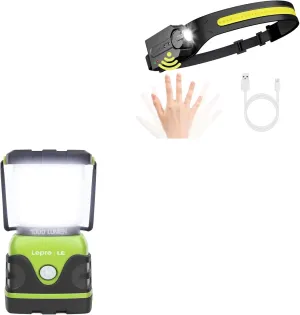 Lepro Bundle - 1000LM Battery Powered LED Camping Lantern, Waterproof Tent Light with 4 Light Modes, Camping Essential & PR320019 Super Bright Head lamp with Motion Sensor, 230° Wide Beam & Adjustable