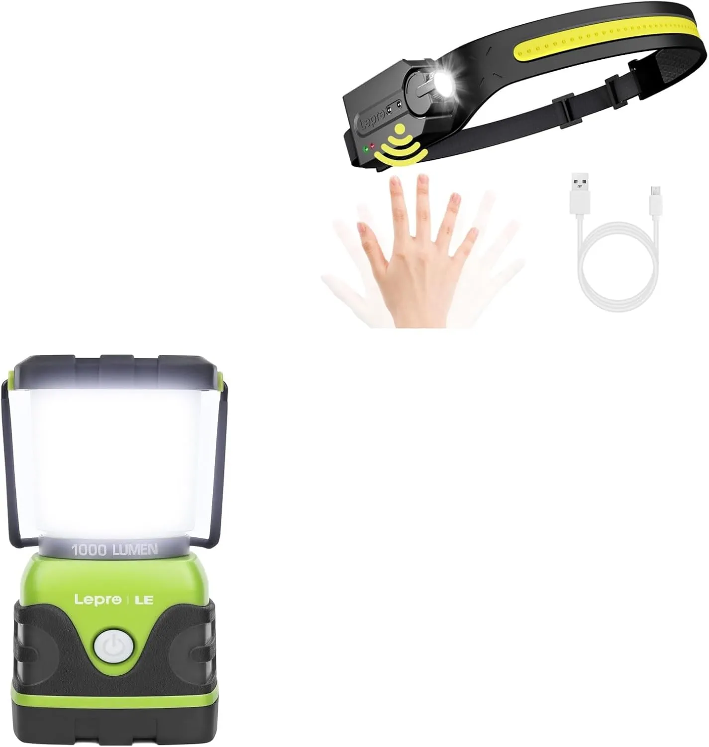 Lepro Bundle - 1000LM Battery Powered LED Camping Lantern, Waterproof Tent Light with 4 Light Modes, Camping Essential & PR320019 Super Bright Head lamp with Motion Sensor, 230° Wide Beam & Adjustable