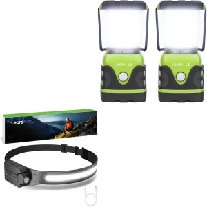 Lepro Bundle - 2 Packs 1000LM Battery Powered LED Camping Lantern & 230°COB Wide Beam & Adjustable Spotlight, Waterproof Headlamp