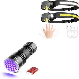 Lepro Bundle - Black Light Flashlight, Small UV Lights with 21 LEDs, 395nm, Ultraviolet Light Detector & LED Headlamp Rechargeable - Super Bright Head lamp with Motion Sensor 2 Packs