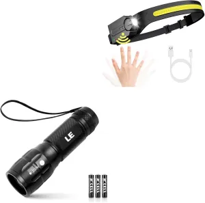 Lepro Bundle - LED Flashlights High Lumens, Zoomable, Waterproof, Adjustable Brightness Flash Light & PR320019 Super Bright Head lamp with Motion Sensor, 230° Wide Beam & Adjustable