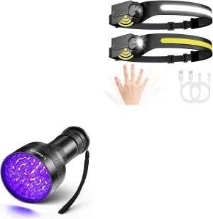 Lepro Bundle - UV Flashlight Black Light, 51 LED UV Light Handheld Blacklight & LED Headlamp Rechargeable - Super Bright Head lamp with Motion Sensor 2 Packs