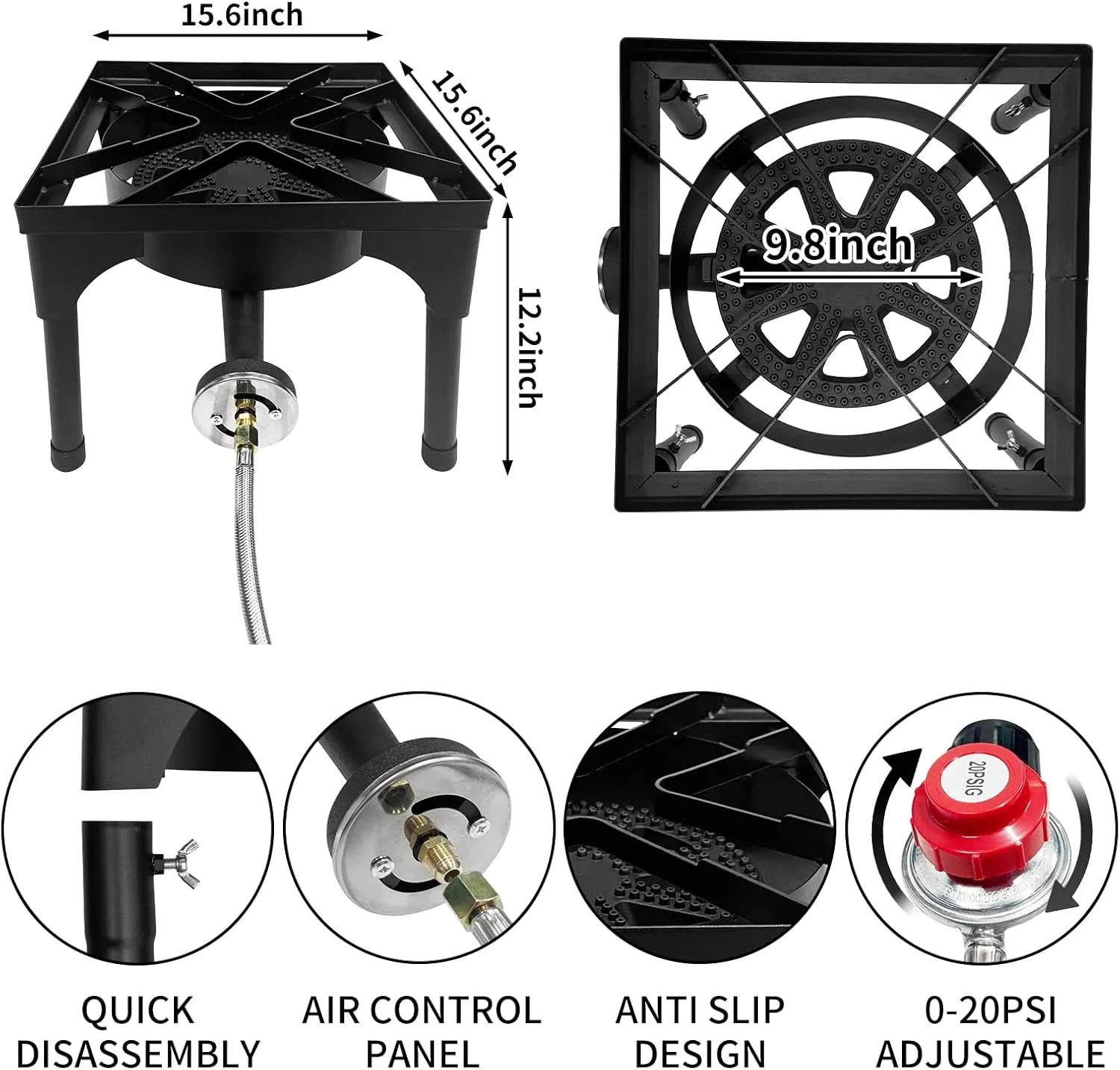 LetFeng Single Burner Outdoor Gas Stove - 200,000BTU Propane with Cast Iron Burner & Steel Braided Hose - Detachable Stand Legs