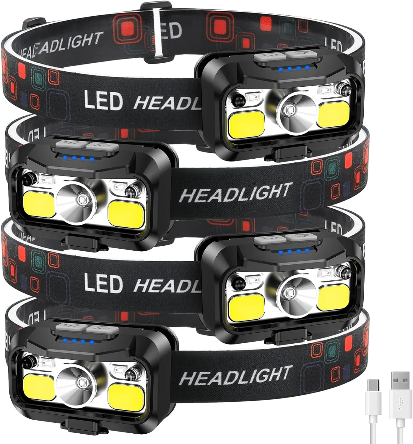 LHKNL Headlamp Rechargeable, Lumen Super Bright Motion Sensor Head Lamp Flashlight, Waterproof LED Headlight with White Red Light, 8 Mode Head Lights for Camping Cycling Running Fishing-4 Packs