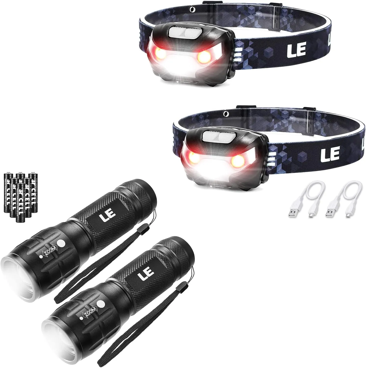 Lighting EVER Bundle - 2 Items: 2 Pack LED Headlamp Rechargeable for Running Camping Hiking & 2 Pack LED Flashlight LE1000 High Lumens