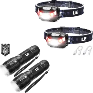 Lighting EVER Bundle - 2 Items: 2 Pack LED Headlamp Rechargeable for Running Camping Hiking & 2 Pack LED Flashlight LE1000 High Lumens