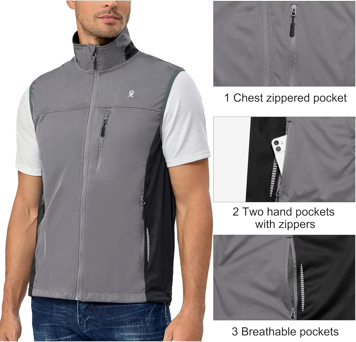 Little Donkey Andy Men's Lightweight Softshell Vest, Windproof Sleeveless Jacket for Running, Hiking, Cycling, Golf