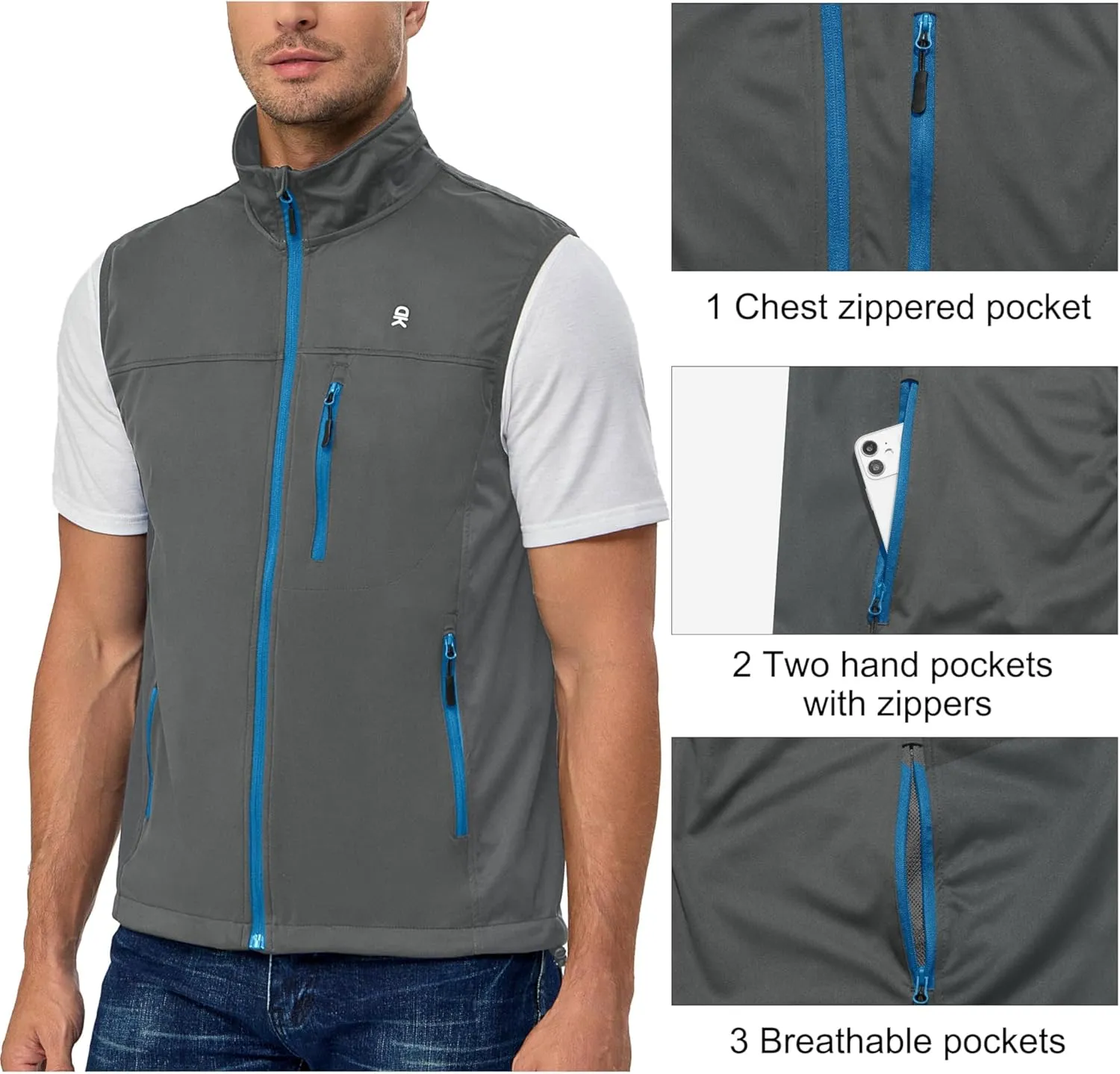 Little Donkey Andy Men's Lightweight Softshell Vest, Windproof Sleeveless Jacket for Running, Hiking, Cycling, Golf