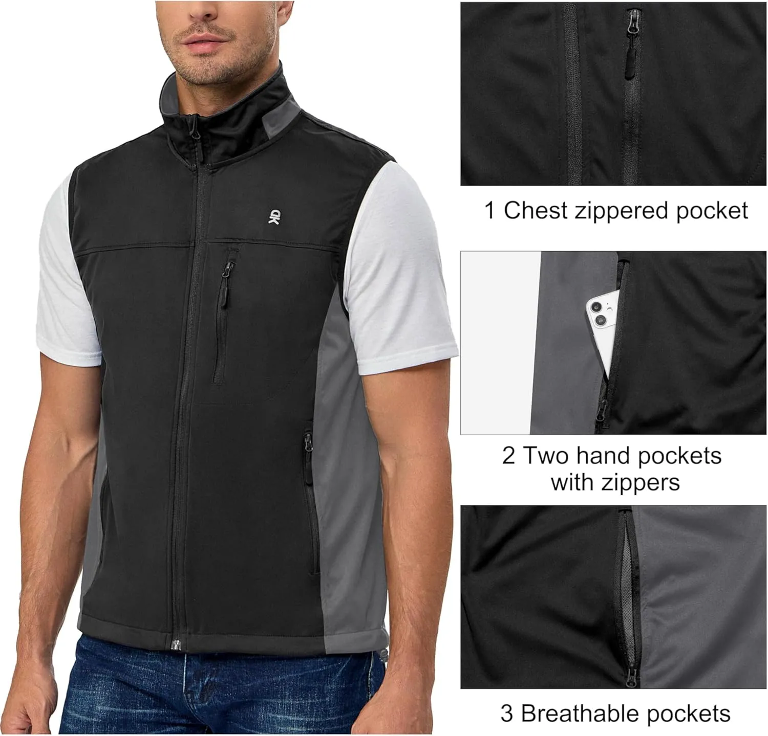 Little Donkey Andy Men's Lightweight Softshell Vest, Windproof Sleeveless Jacket for Running, Hiking, Cycling, Golf