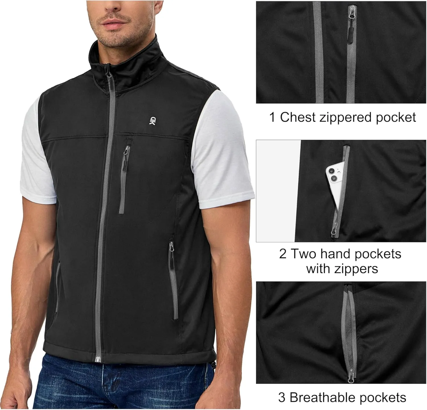 Little Donkey Andy Men's Lightweight Softshell Vest, Windproof Sleeveless Jacket for Running, Hiking, Cycling, Golf