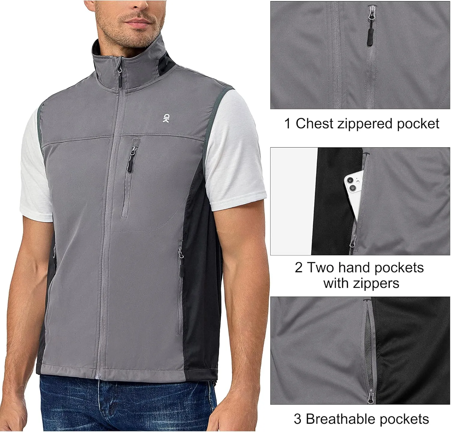 Little Donkey Andy Men's Lightweight Softshell Vest, Windproof Sleeveless Jacket for Running, Hiking, Cycling, Golf