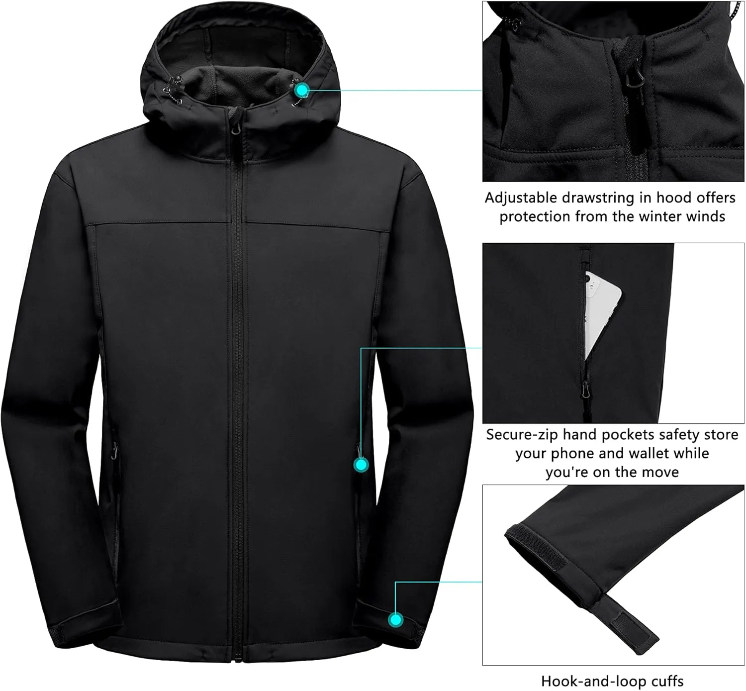 Little Donkey Andy Men’s Softshell Jacket with Removable Hood, Fleece Lined