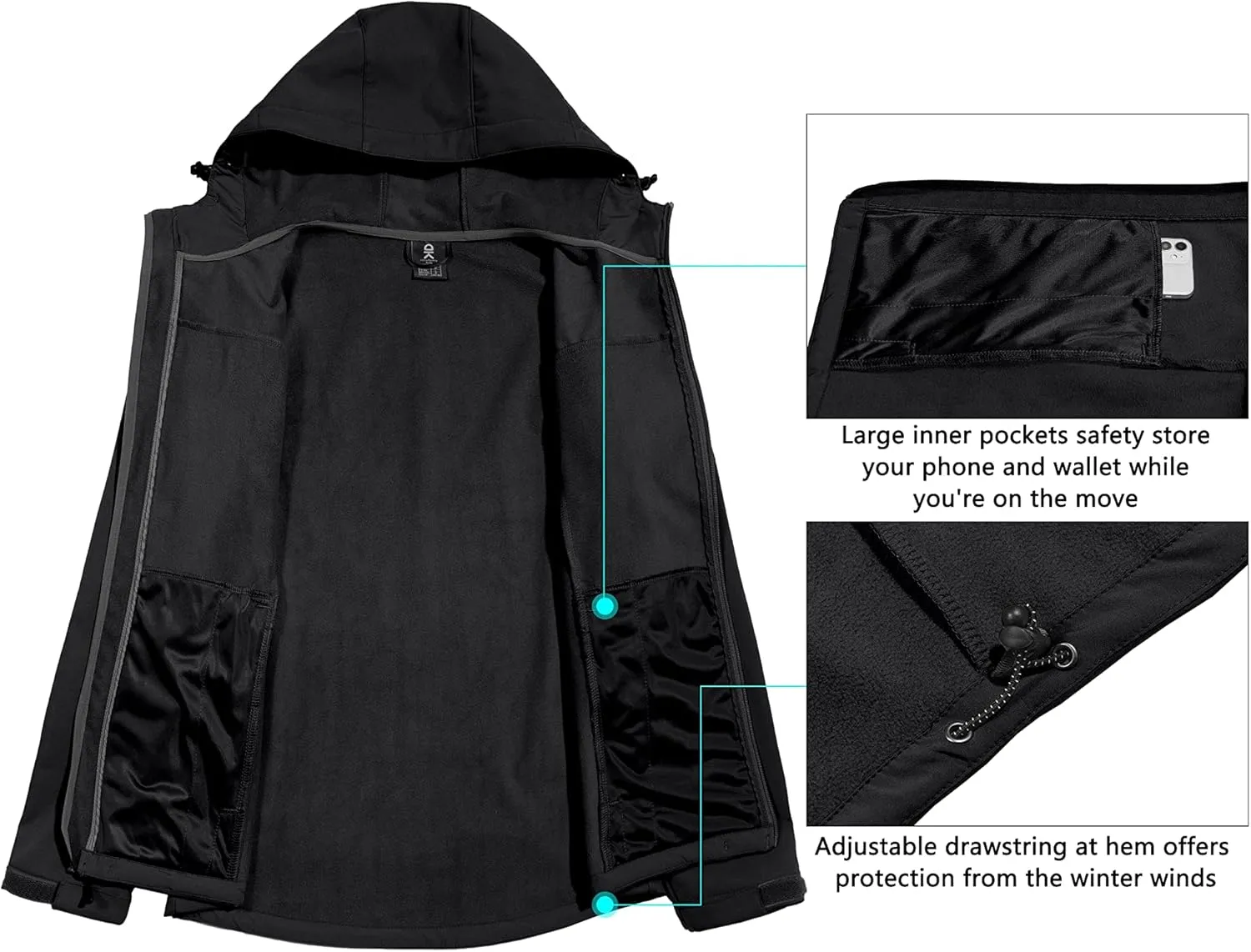 Little Donkey Andy Men’s Softshell Jacket with Removable Hood, Fleece Lined