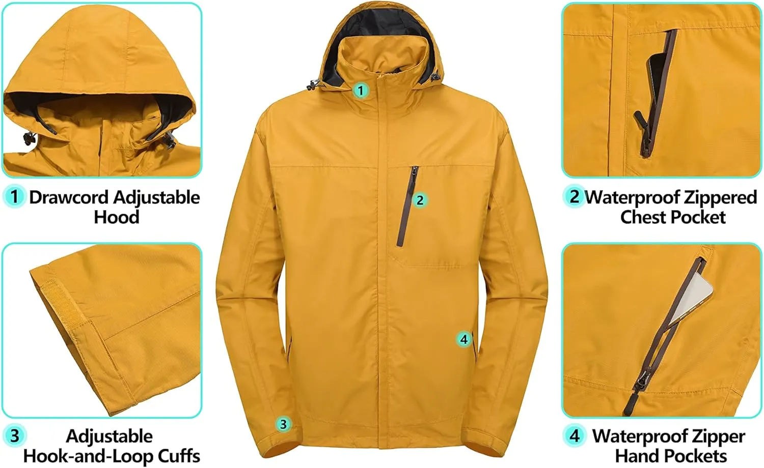 Little Donkey Andy Men's Waterproof Rain Jacket Outdoor Lightweight Hooded Raincoat for Hiking Golf Travel Fishing