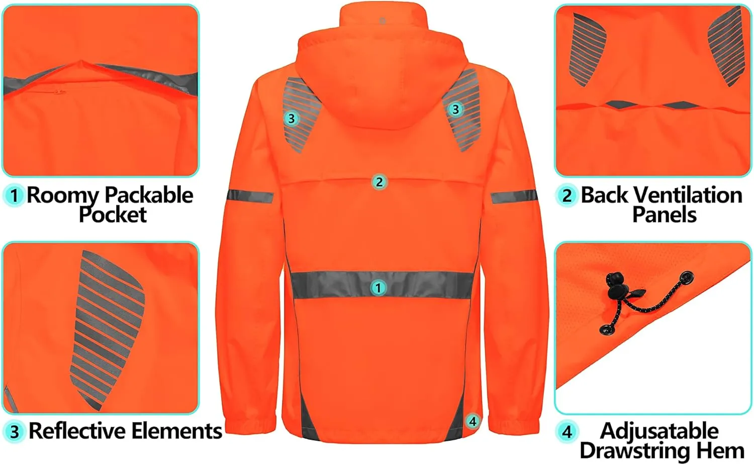 Little Donkey Andy Men's Waterproof Running Cycling Rain Jacket Reflective Raincoats Packable Windbreaker-Removable Hood