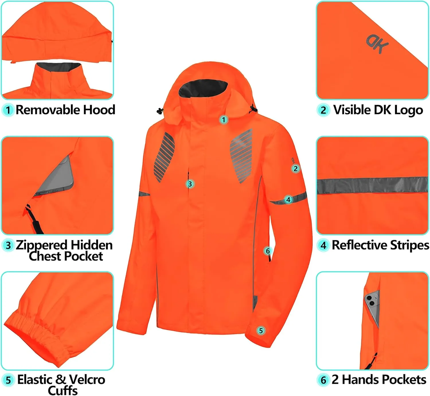 Little Donkey Andy Men's Waterproof Running Cycling Rain Jacket Reflective Raincoats Packable Windbreaker-Removable Hood