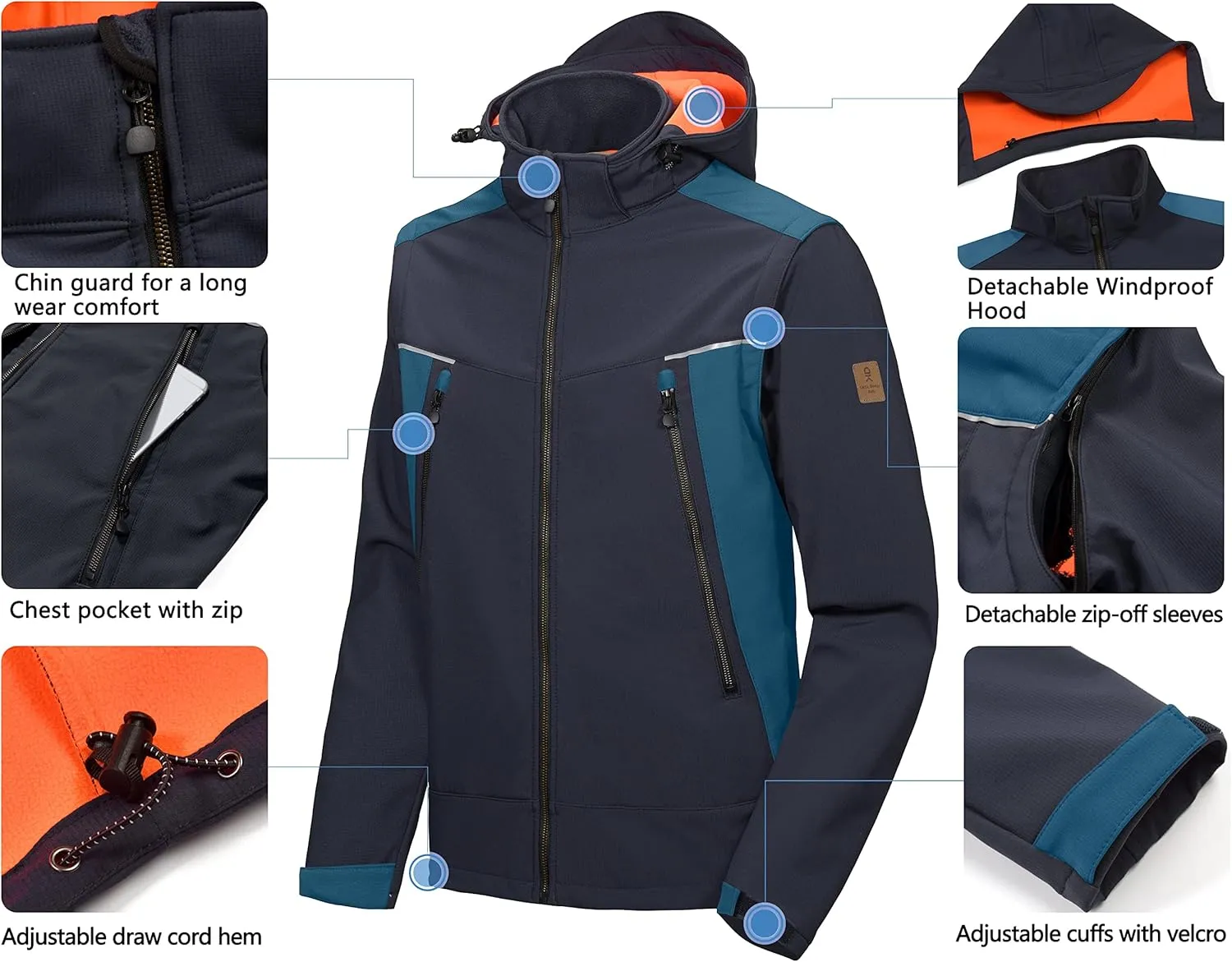 Little Donkey Andy Men's Waterproof Softshell Jacket with Detachable Sleeves and Hood, Fleece Mountain Ski Snow Rain Coat