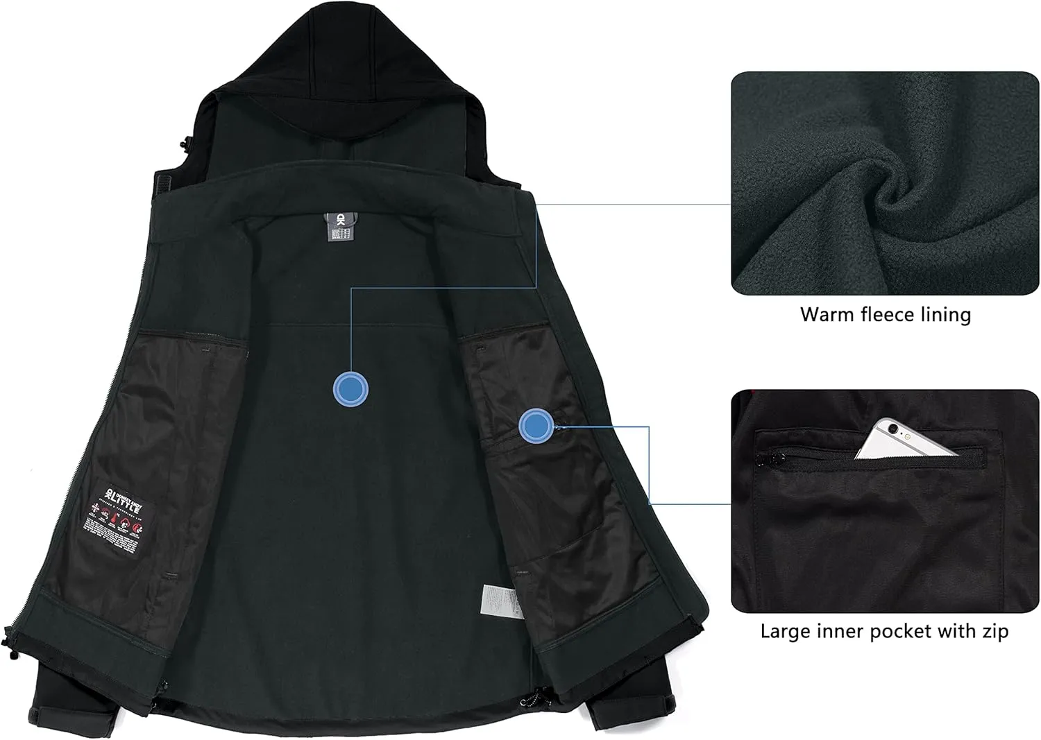 Little Donkey Andy Men's Waterproof Softshell Jacket with Detachable Sleeves and Hood, Fleece Mountain Ski Snow Rain Coat