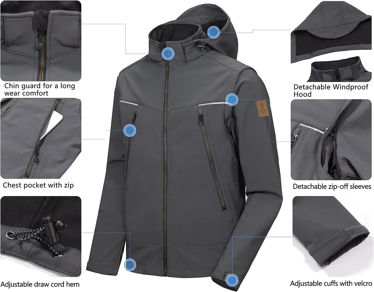 Little Donkey Andy Men's Waterproof Softshell Jacket with Detachable Sleeves and Hood, Fleece Mountain Ski Snow Rain Coat