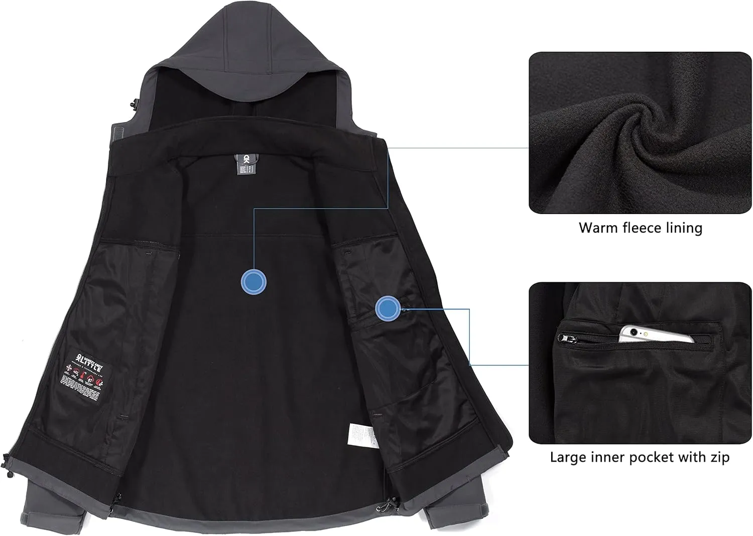 Little Donkey Andy Men's Waterproof Softshell Jacket with Detachable Sleeves and Hood, Fleece Mountain Ski Snow Rain Coat