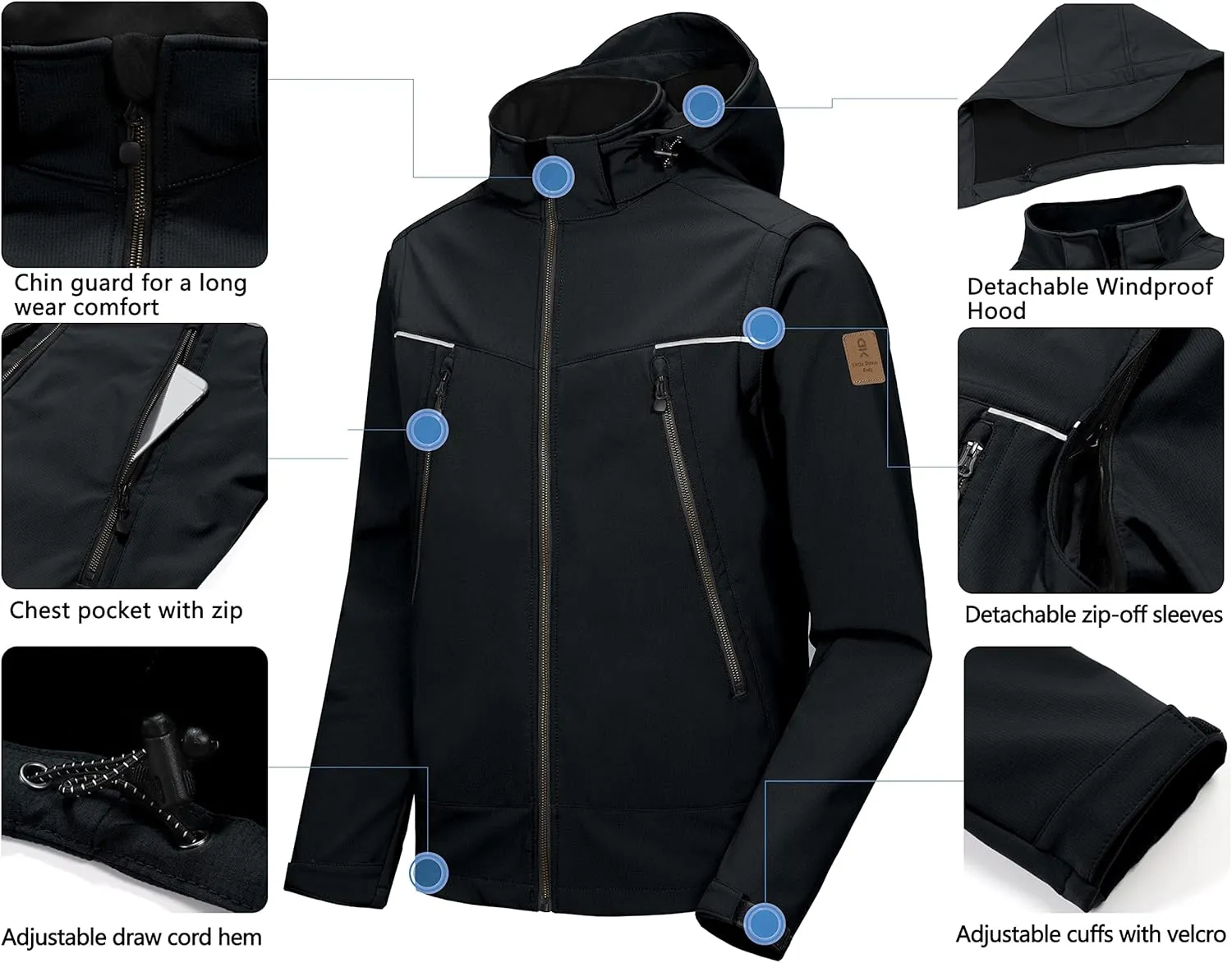 Little Donkey Andy Men's Waterproof Softshell Jacket with Detachable Sleeves and Hood, Fleece Mountain Ski Snow Rain Coat