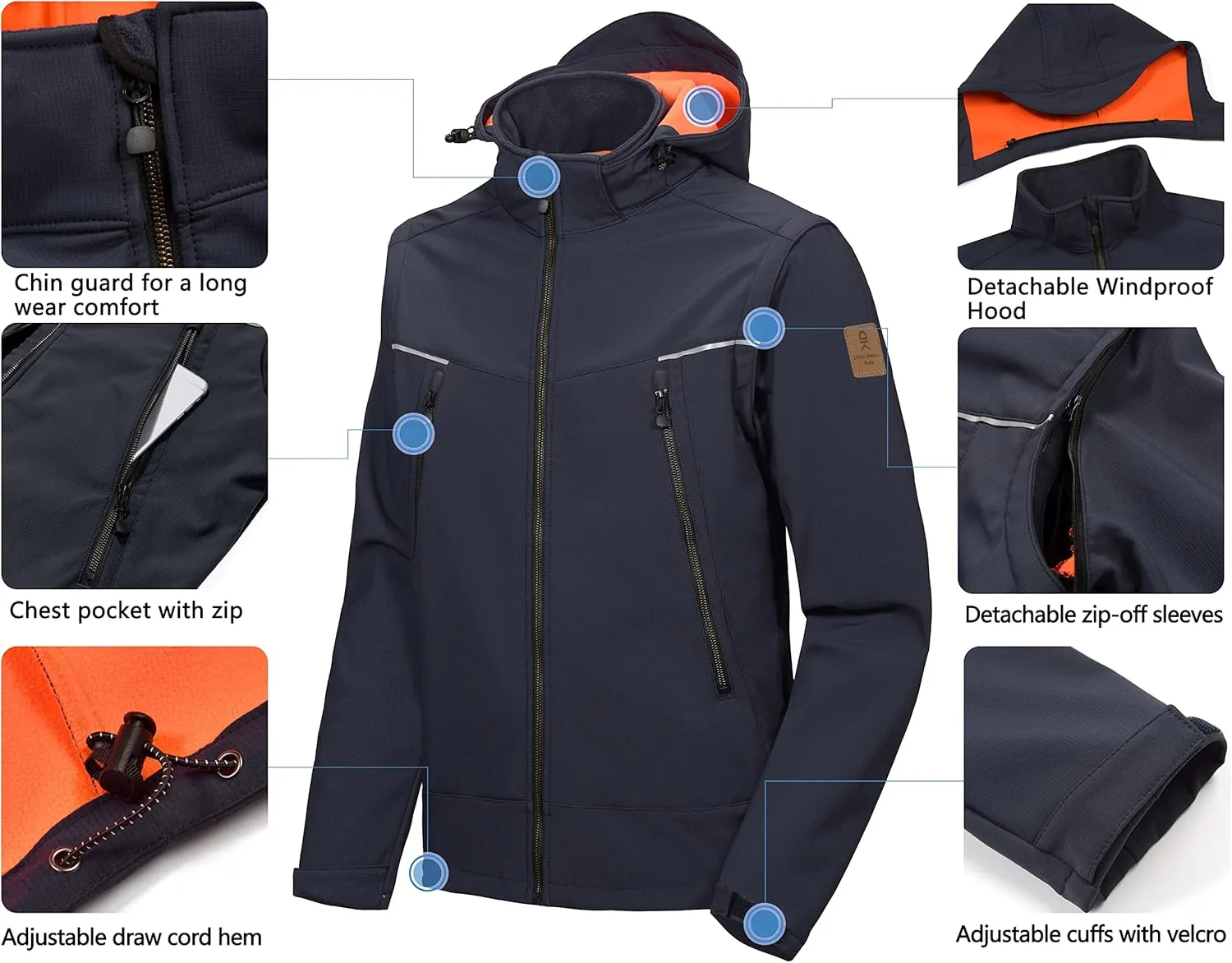 Little Donkey Andy Men's Waterproof Softshell Jacket with Detachable Sleeves and Hood, Fleece Mountain Ski Snow Rain Coat