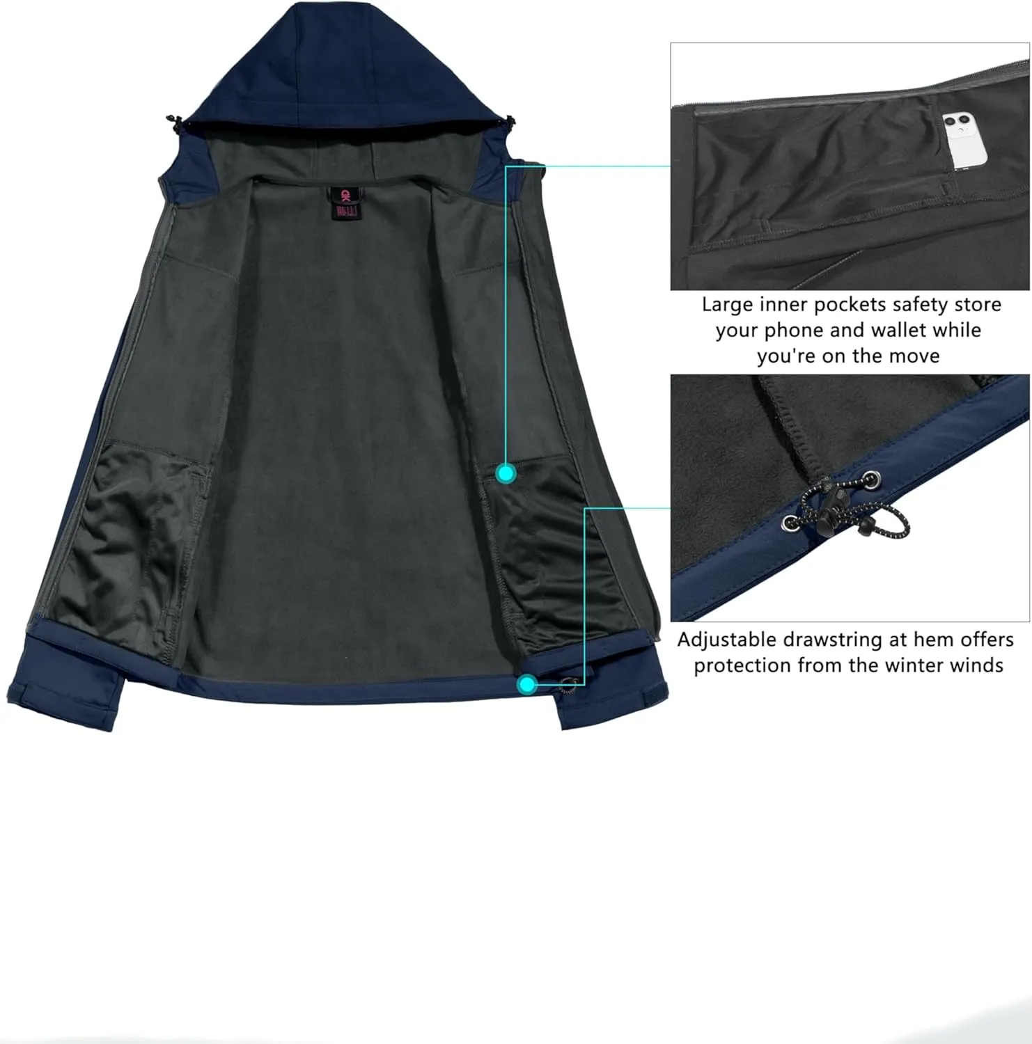 Little Donkey Andy Women's Softshell Jacket Hooded Windproof Fleece Lined Jackets, Lightweight