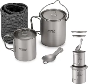 Lixada Titanium Camping Cookware with Folding Spork, 750ml Camping Titanium Pot & 450ml Coffee Mug with Foldable Handle & Lid, Portable Outdoor Camping Cookware Set for Backpacking Hiking Cooking