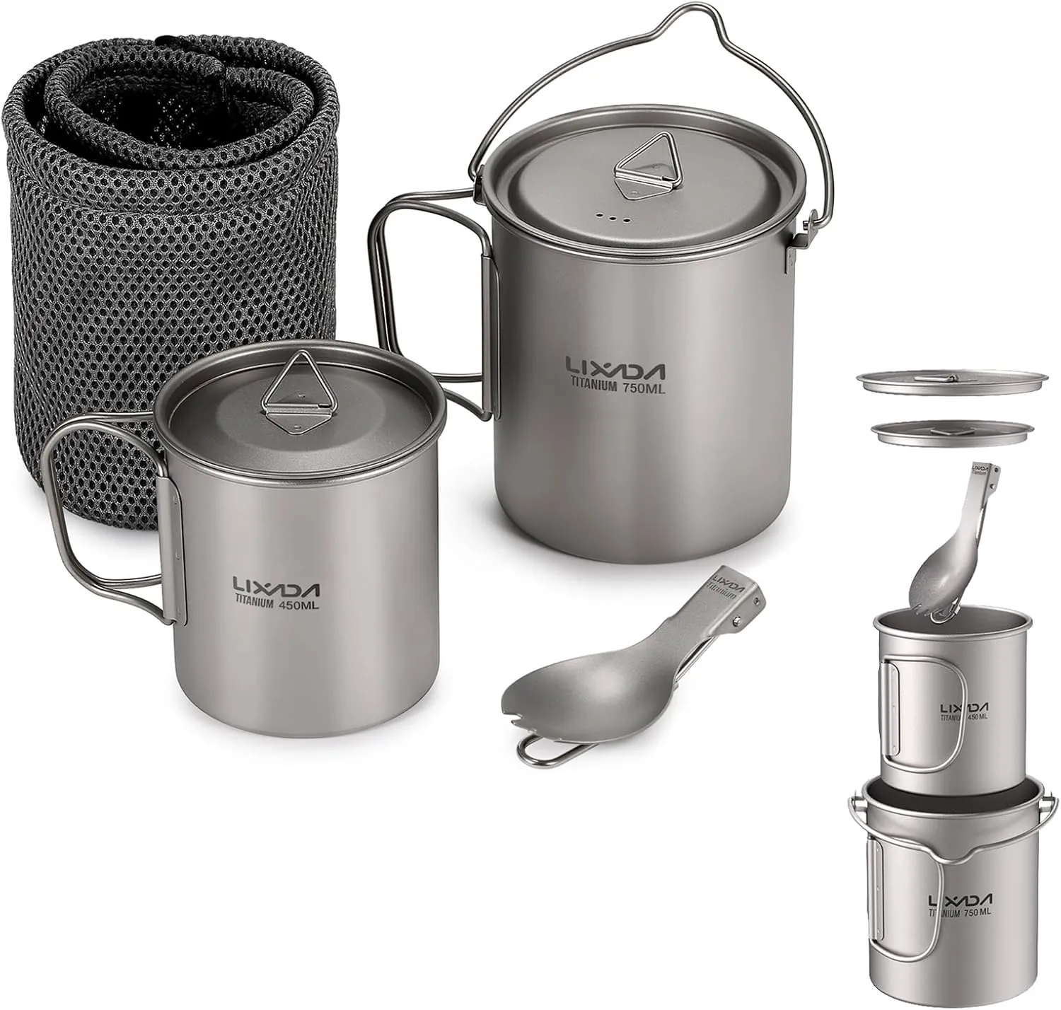 Lixada Titanium Camping Cookware with Folding Spork, 750ml Camping Titanium Pot & 450ml Coffee Mug with Foldable Handle & Lid, Portable Outdoor Camping Cookware Set for Backpacking Hiking Cooking