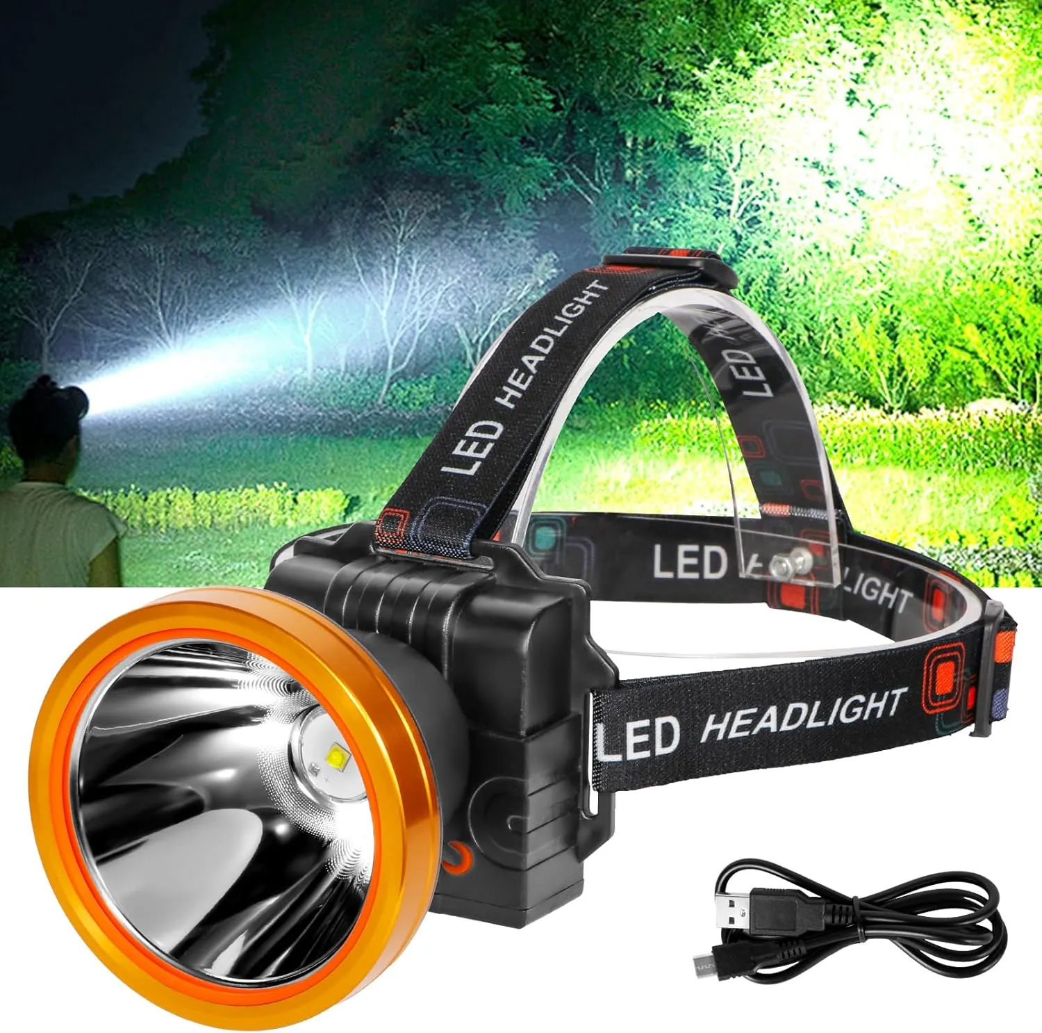 Lokilo Ultra-Bright LED Headlamp,High Lumen Rechargeable and Waterproof Headlight with Adjustable Headband for Night Work and Outdoor Use (Golden-White Light)