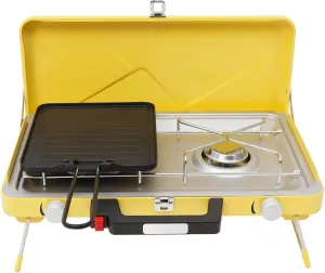 LOYALHEARTDY 2-Burner Propane Camping Stove, 7000W Portable Gas Stove with Windproof Design & Non-Slip Legs, Compact Foldable Camp Stove for RV, Tailgating, Outdoor Cooking, Yellow