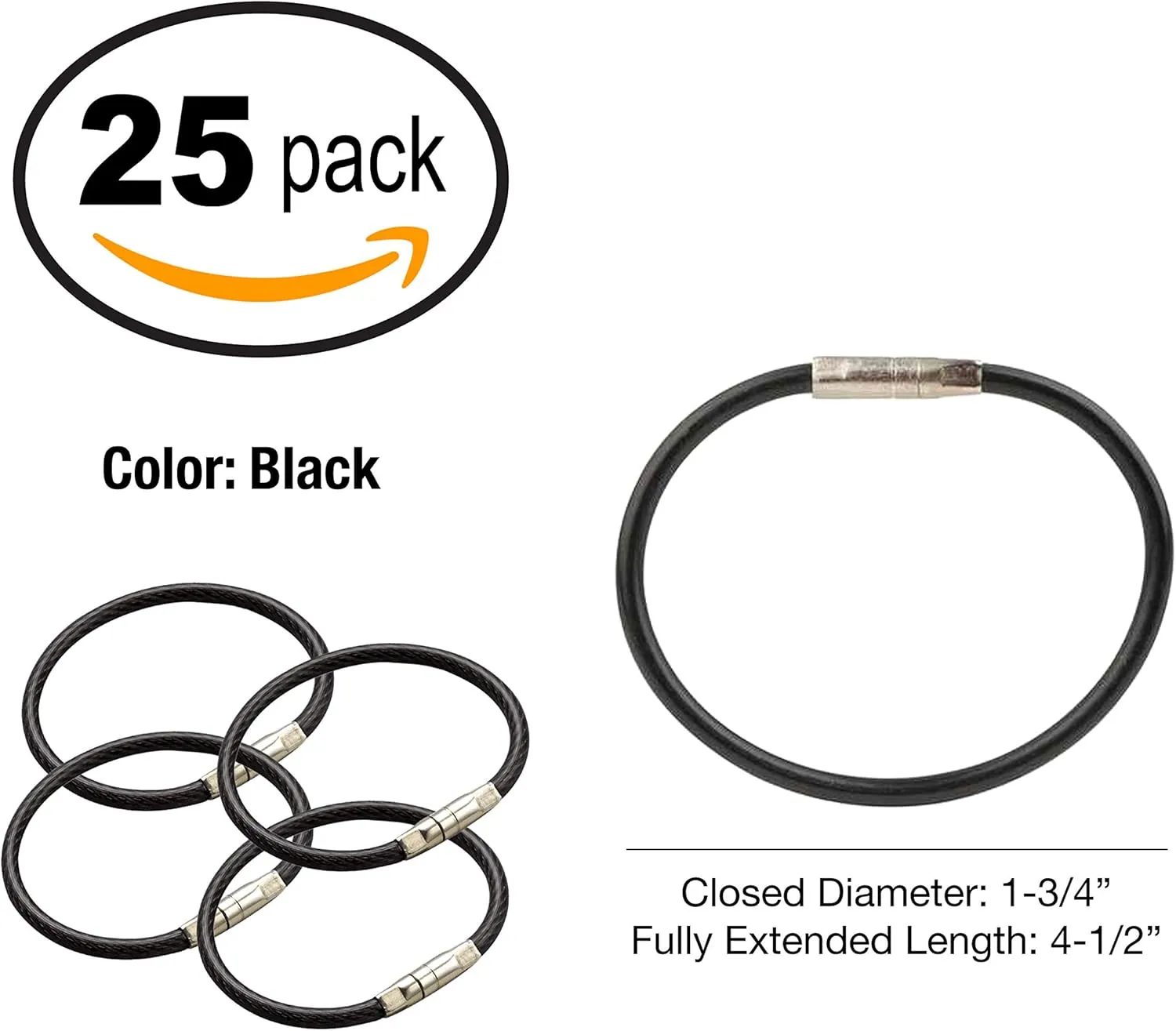 Lucky Line 4-1/2" Locking Cable Key Ring, Crimp to Permanently Close, Nylon Coated Steel Wire, Corrosion-Resistant, 25 Pack, Black (80820)